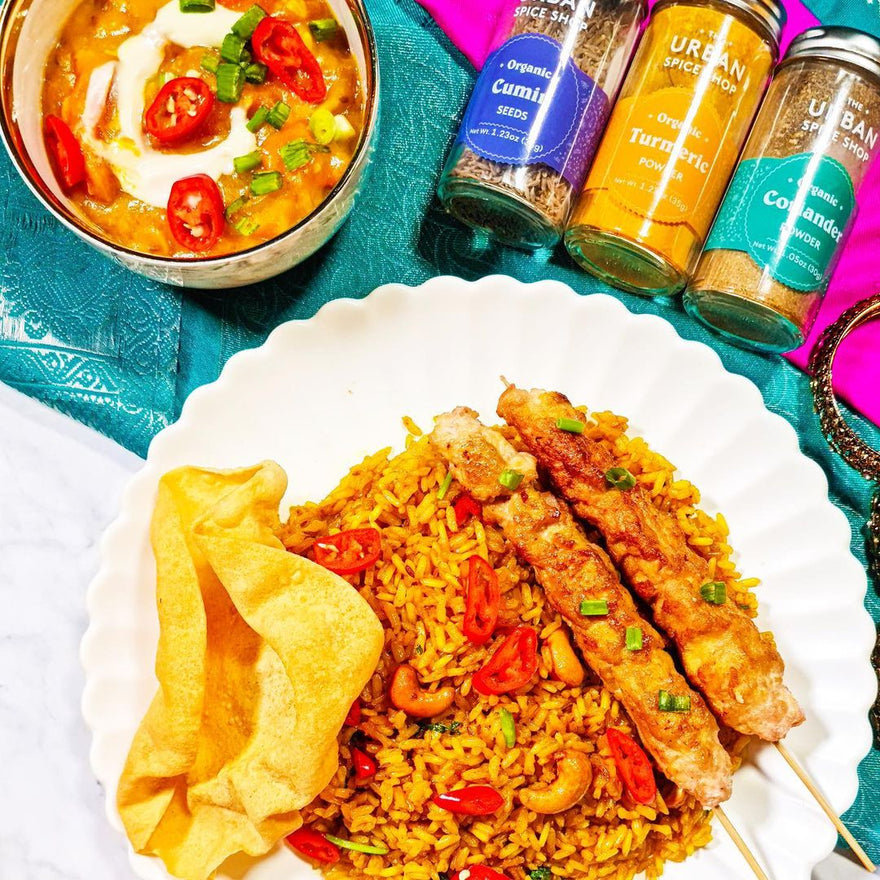 Golden Vegan Biryani with a Tofu-Meaty Kebab and Spiced Tomato Chutney