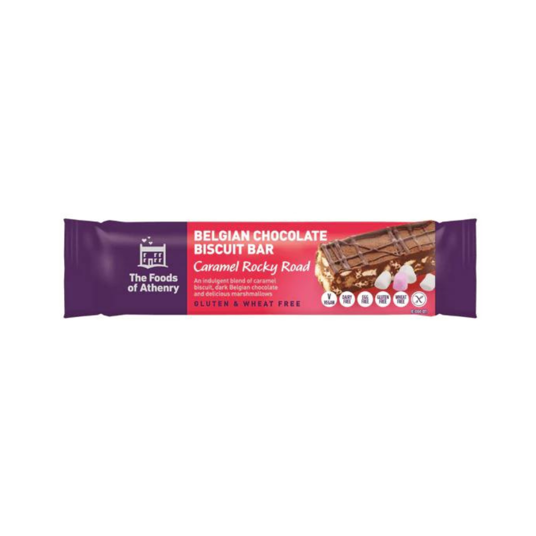 Foods of Athenry - Gluten Free Belgian Chocolate Biscuit Bar Caramel Rocky Road 55g - Everyday Vegan Grocer